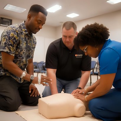 CPR class practicing compressions together on training mats